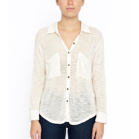 Free People Beach Ivory Textured Gauze Long Sleeve Button Up Shirt Size S - Picture 1 of 14